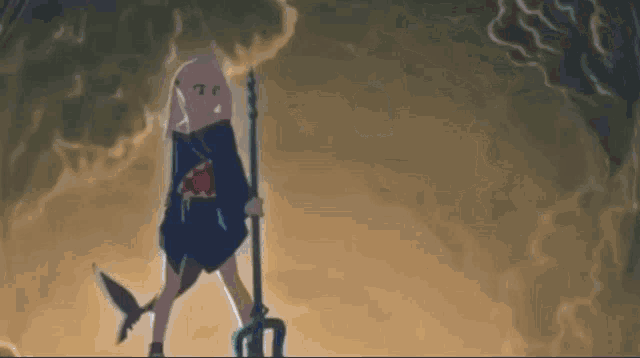 a cartoon character is holding a trident in a dark cave .