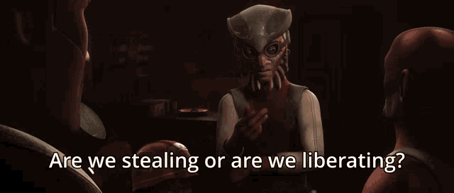 a group of men are talking to each other with the words " are we stealing or are we liberating " above them