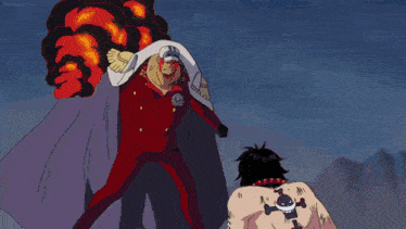 a cartoon character says luffy while holding a fireball in his hand