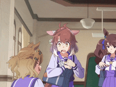 a group of anime girls are standing in a room and one of them has a surprised look on her face