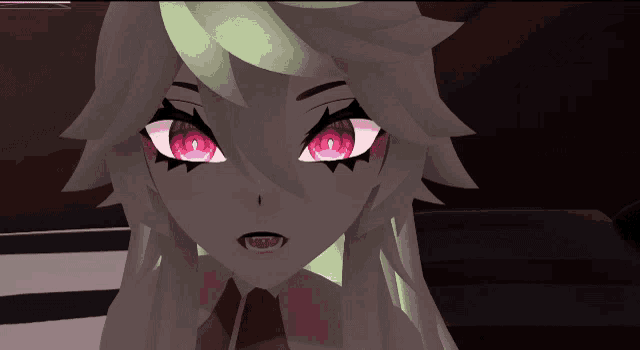 a close up of a cartoon character with white hair and red eyes