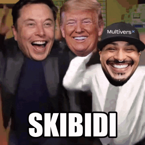 elon musk donald trump and a man wearing a hat with the word multivers on it