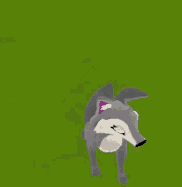 a cartoon wolf with purple ears is standing in the grass .