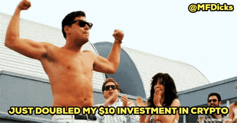 a shirtless man flexes his muscles in front of a group of people with the caption just doubled my $ 10 investment in crypto