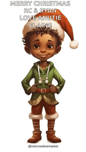 a cartoon of a boy wearing a santa hat with the words merry christmas rc & ryan love anutie elaine
