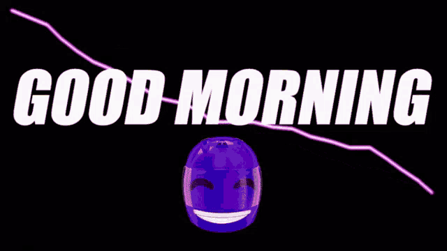 a purple helmet with a smiling face and the words " good morning "