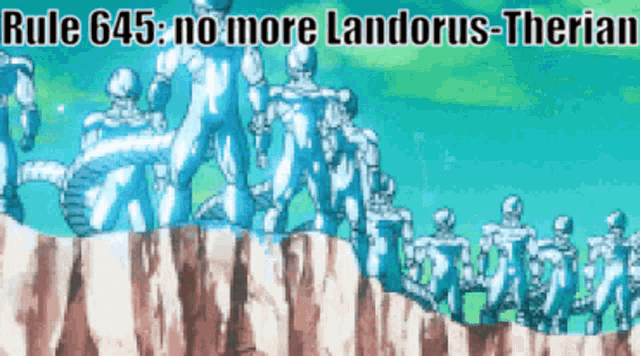 a group of skeletons standing on a cliff with the words rule 645 no more landorus-therian