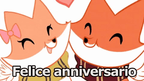 a cartoon of two foxes with the words felice anniversario written above them
