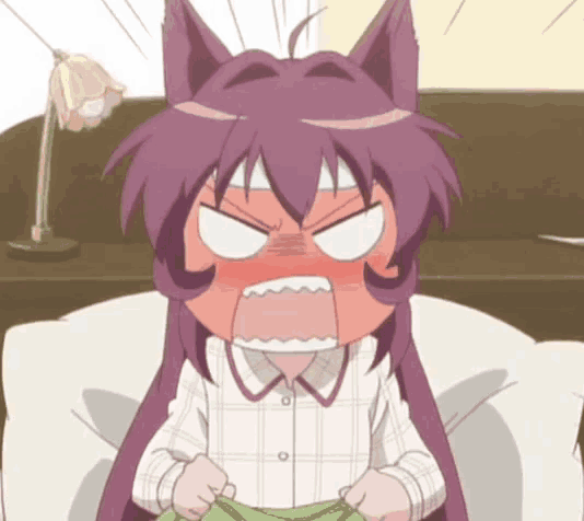 a cartoon character with purple hair is sitting on a bed with an angry expression on her face