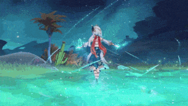 a girl with red hair is standing in a body of water holding a sword