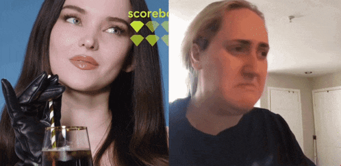 a picture of a woman holding a glass next to a picture of a woman 's face with the words scoreb4 on the top