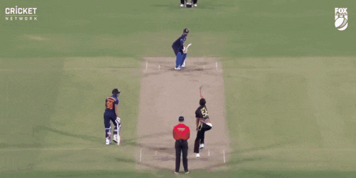 a blurred image of a cricket game being played in a stadium .