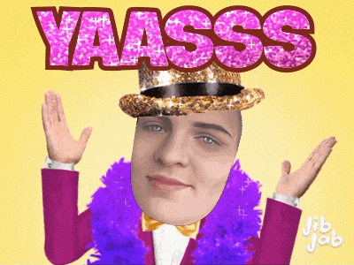 a cartoon of a man wearing a top hat and a purple boa says yaasss