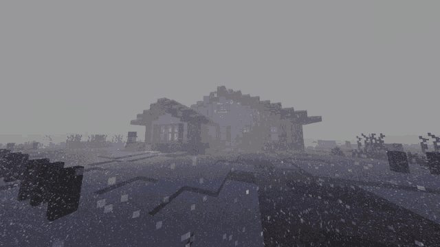 a house is surrounded by snow in a foggy area