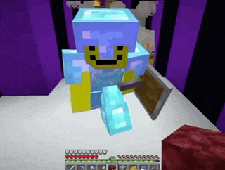 a minecraft character is holding a shield and a sword in a room .