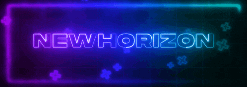 a neon sign that says new horizon on a black background