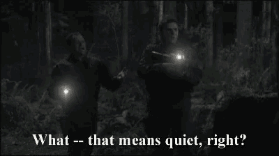 two men are walking through a dark forest holding flashlights and asking what - that means quiet , right ?
