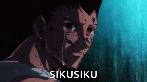 a man with red eyes is crying with the words " sikusiku " written below him