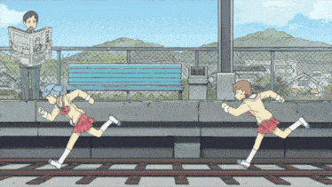 a man is reading a newspaper while two girls are running on a train platform