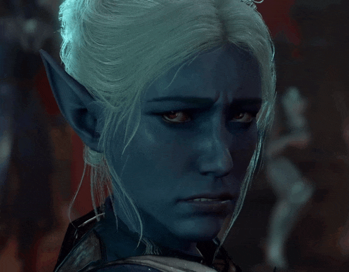 a close up of a person 's face with blue eyes and white hair