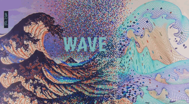 a colorful painting of a wave with the word wave written on it