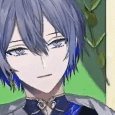 a close up of a person 's face with blue hair and a green background .