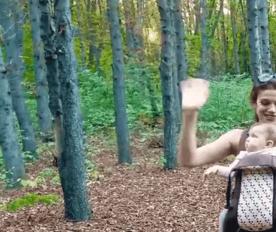 a woman is holding a baby in a carrier in a forest