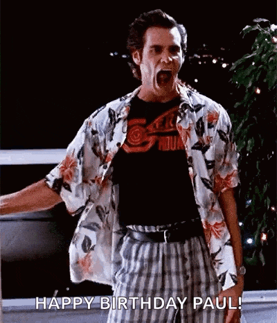 a man in a hawaiian shirt is screaming and says happy birthday paul