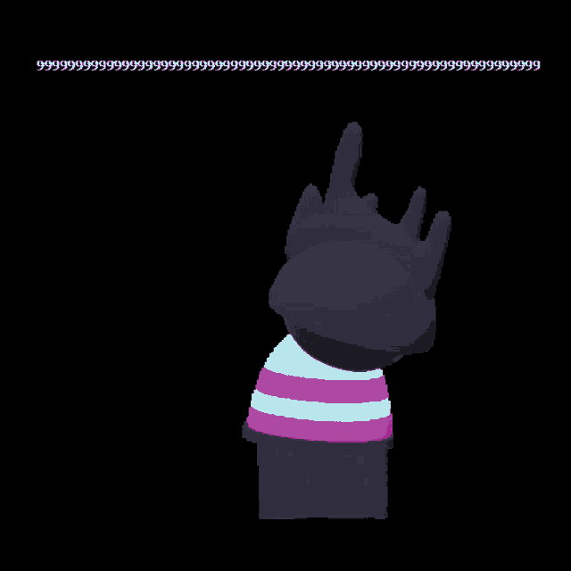 a cartoon character with a hood and a pink and blue striped shirt