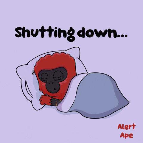 a cartoon of a gorilla sleeping under a blanket with the words shutting down above it
