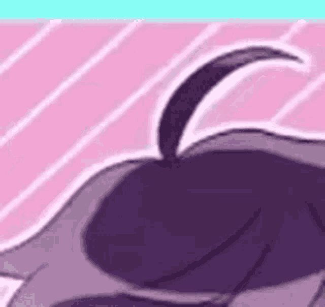 a close up of a person 's head with a purple tail on a pink and blue background .