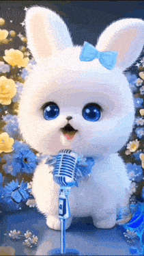 a white rabbit with blue eyes is holding a microphone .