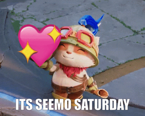 a cartoon character holding a pink heart with the words " its seemo saturday " below it