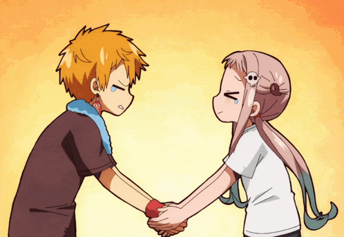 a boy and a girl are shaking hands and the girl is crying
