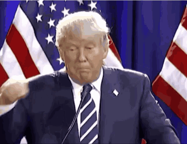 donald trump is giving a speech in front of an american flag while wearing a suit and tie