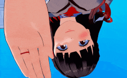 a cartoon character is upside down and has a red t on her finger