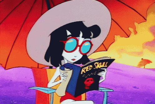a cartoon of a woman reading a book called red skull