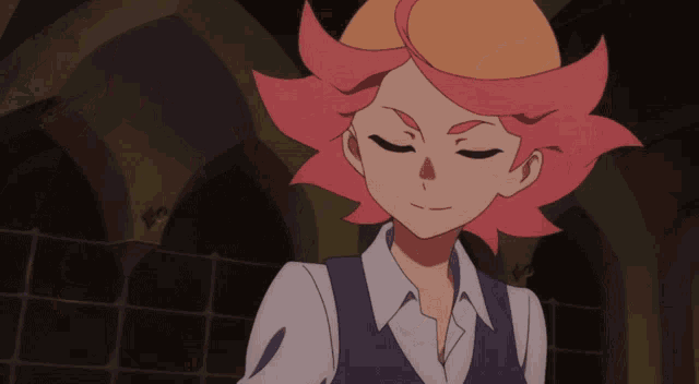 a girl with pink hair is wearing a vest and a white shirt