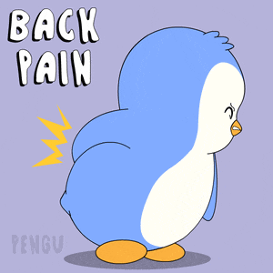 a penguin is shown with the words back pain written on the bottom