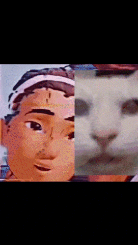 a close up of a cartoon character next to a close up of a cat