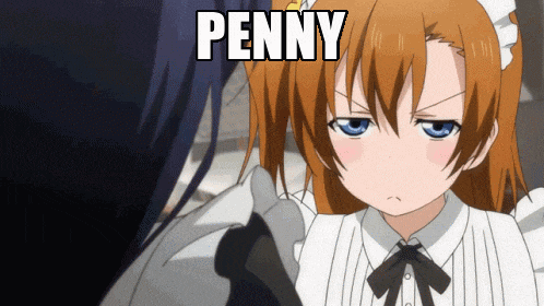 a girl with a maid outfit has the word penny on her face