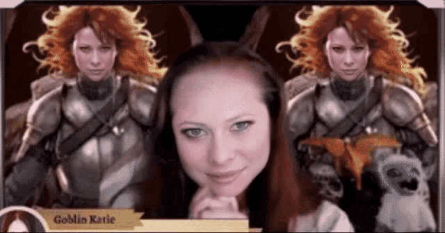 a woman in armor with the name goblin katie on the bottom right