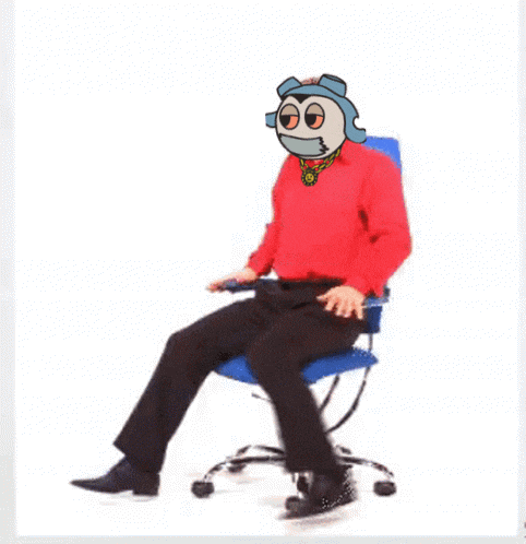 a man in a red sweater is sitting in a blue office chair