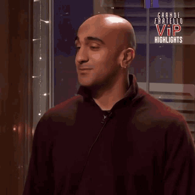 a bald man wearing a maroon sweater with the words grande fratello vip highlights