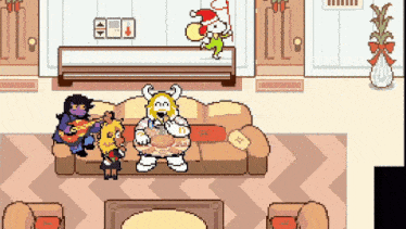 a group of people are sitting on a couch in a living room in a pixel art video game .