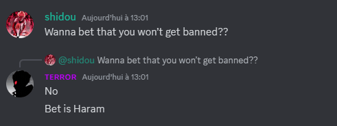 a discord conversation between shidou and terror