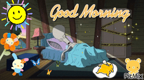 a picture of a cartoon character sleeping with the words good morning