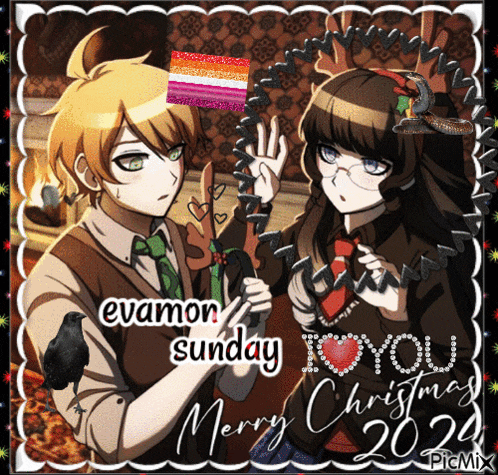 a picture of two anime characters with the words evamon sunday i love you merry christmas 2020