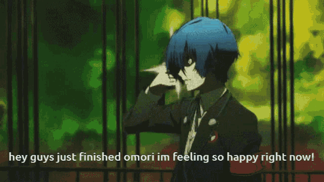 a cartoon character is surrounded by pieces of ice and says hey guys just finished omori im feeling so happy right now