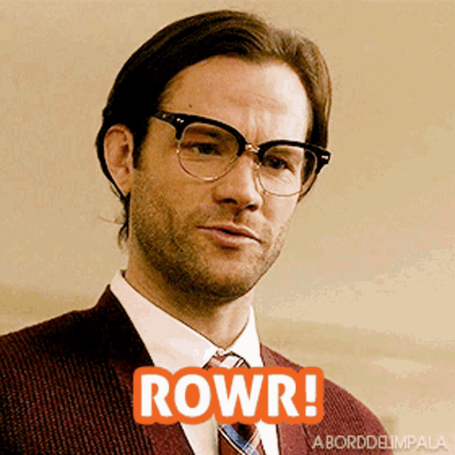 a man wearing glasses and a suit has the word rowr on his face
